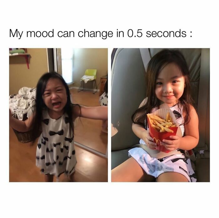 Young girl showing mood change quickly in relatable memes capturing the chaos of navigating the world as a woman today