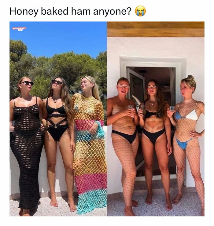 Group of women in swimsuits wearing netted cover-ups with humorous caption, capturing relatable chaos of navigating the world as a woman.