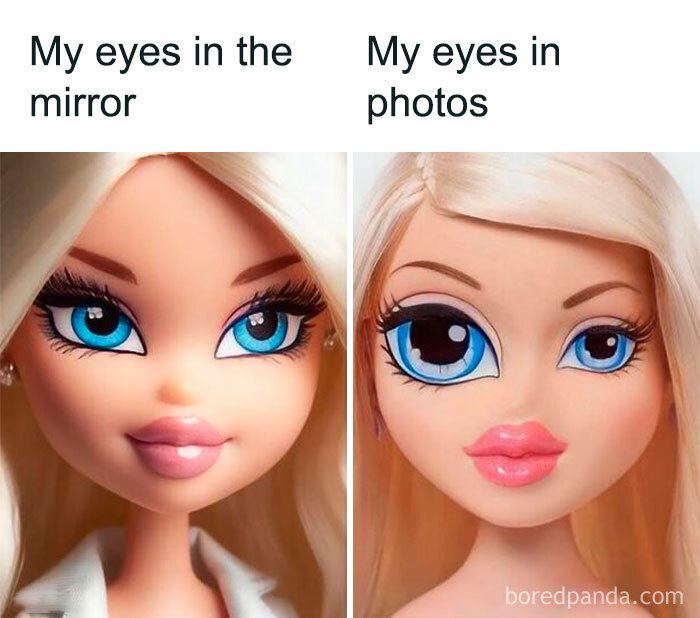 Side-by-side photos of a doll’s eyes showing the relatable chaos of navigating the world as a woman today.