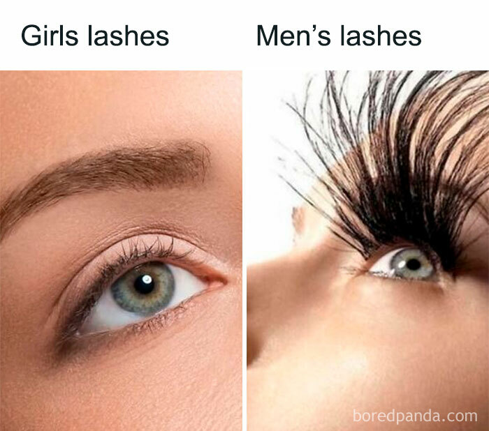 Comparison of girls' natural eyelashes and men's exaggerated, hilariously relatable lashes meme capturing chaos of navigating the world as a woman.
