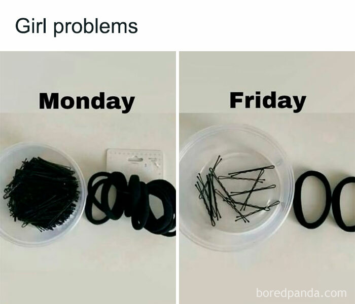 Hair accessories on Monday versus Friday, illustrating relatable memes about the chaos of navigating the world as a woman today.