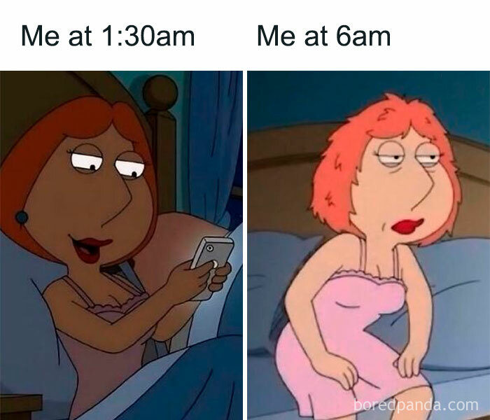 Cartoon meme showing a woman upbeat at 1:30am and exhausted at 6am, relatable meme about navigating the world as a woman.