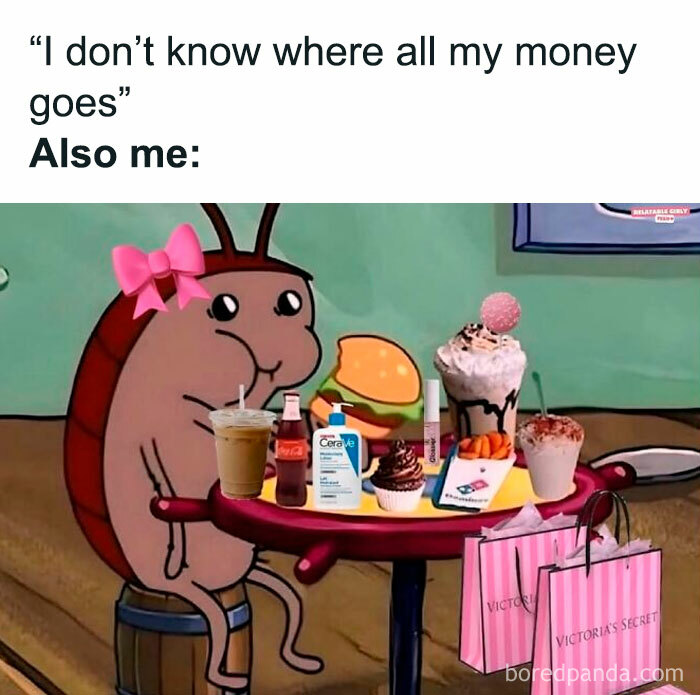 Cartoon character surrounded by food, drinks, skincare, and shopping bags, depicting relatable memes about navigating the world as a woman.
