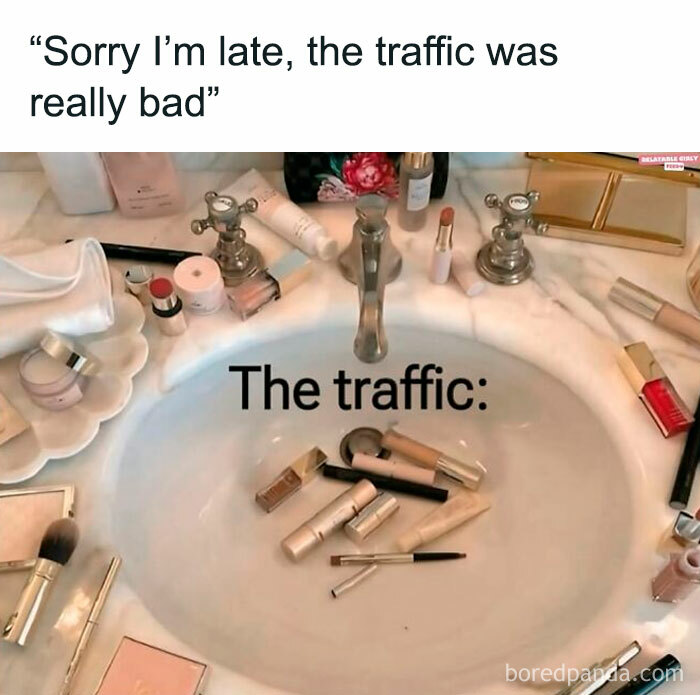 Bathroom sink filled with makeup products illustrating relatable memes about the chaos of navigating the world as a woman today.