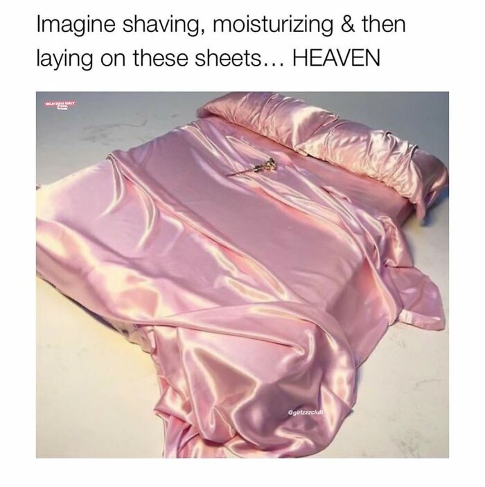 Pink satin sheets and pillowcase set with a razor, capturing relatable memes about navigating life as a woman today.
