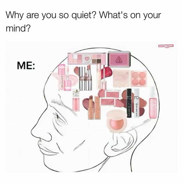 Illustration of a woman’s head filled with makeup products, depicting relatable memes about navigating the world as a woman.