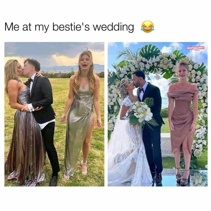 Two photos showing contrasting reactions of a woman at her best friend's wedding, highlighting relatable memes about navigating life.