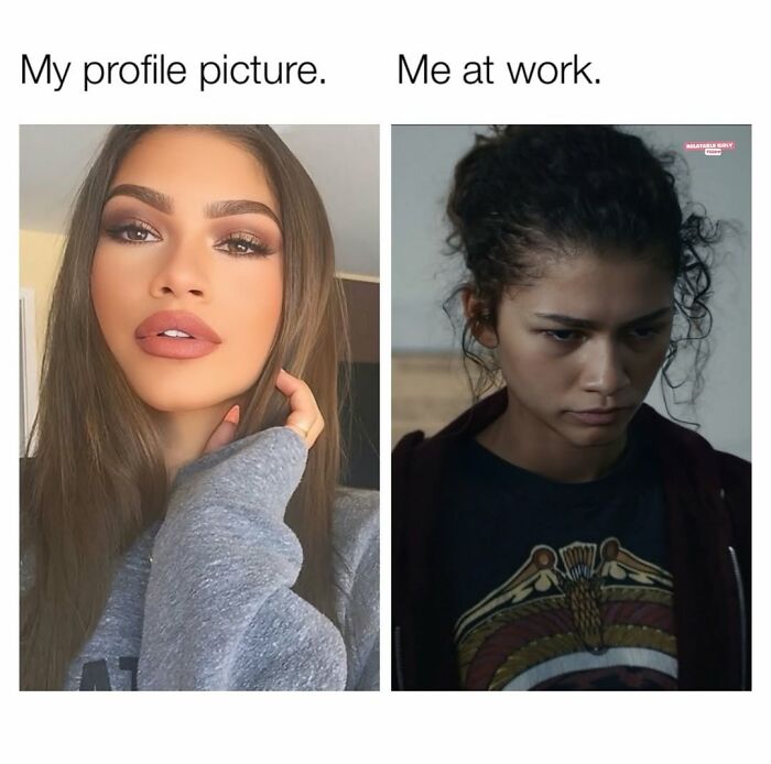 Side-by-side images showing a glamorous woman vs. a tired woman at work, capturing relatable memes about navigating the world as a woman.