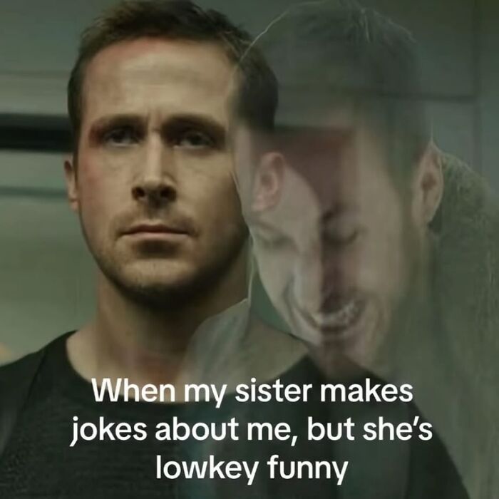 Man with serious and laughing expressions illustrating relatable memes capturing the chaos of navigating the world as a woman today.