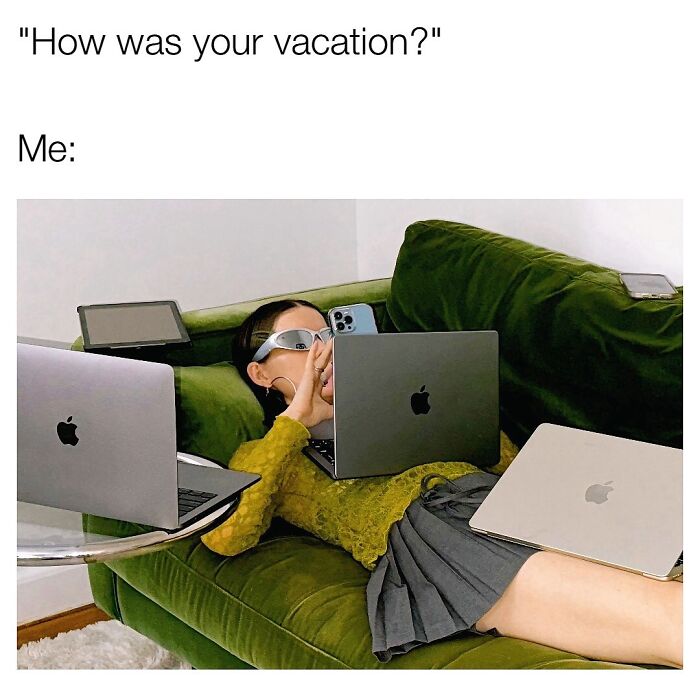 Woman multitasking on multiple Apple devices while lounging on green couch, capturing the chaos of navigating the world as a woman today.