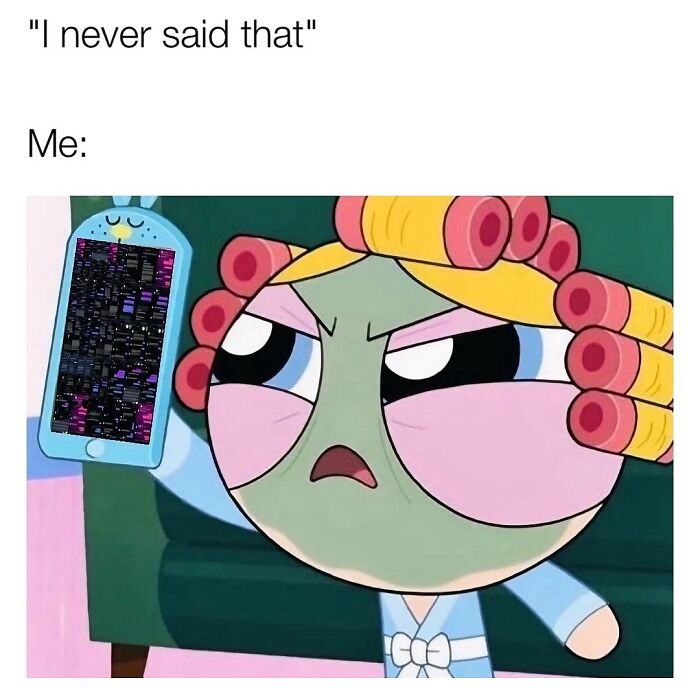 Animated character with hair curlers holding a phone, expressing frustration in a relatable meme about navigating life as a woman.
