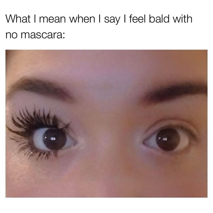 Close-up of a woman's eyes, one with mascara and one without, capturing relatable chaos of navigating as a woman today.