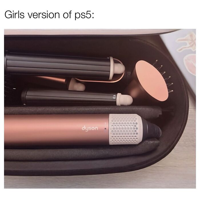 Hair styling tools in a case humorously labeled as girls version of PS5, capturing relatable chaos of navigating the world as a woman.