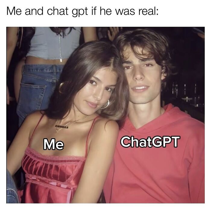 Woman and ChatGPT posing together, illustrating relatable memes about navigating the world as a woman today.