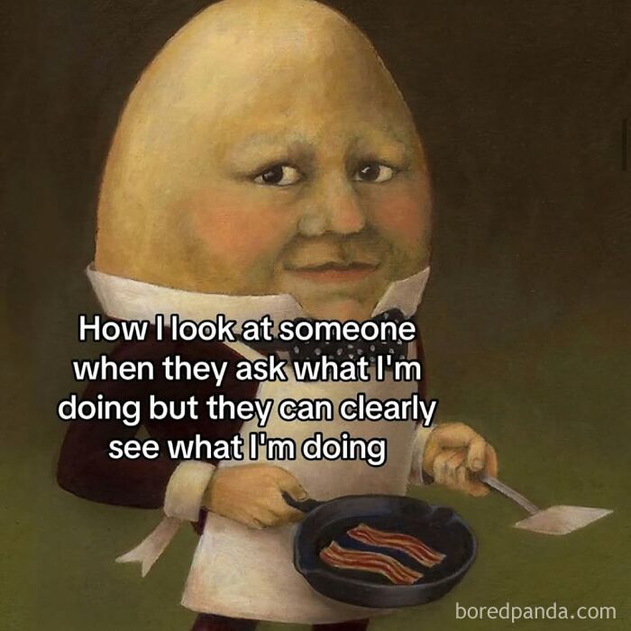 Humorous meme featuring a character cooking bacon, capturing relatable moments navigating the world as a woman today.