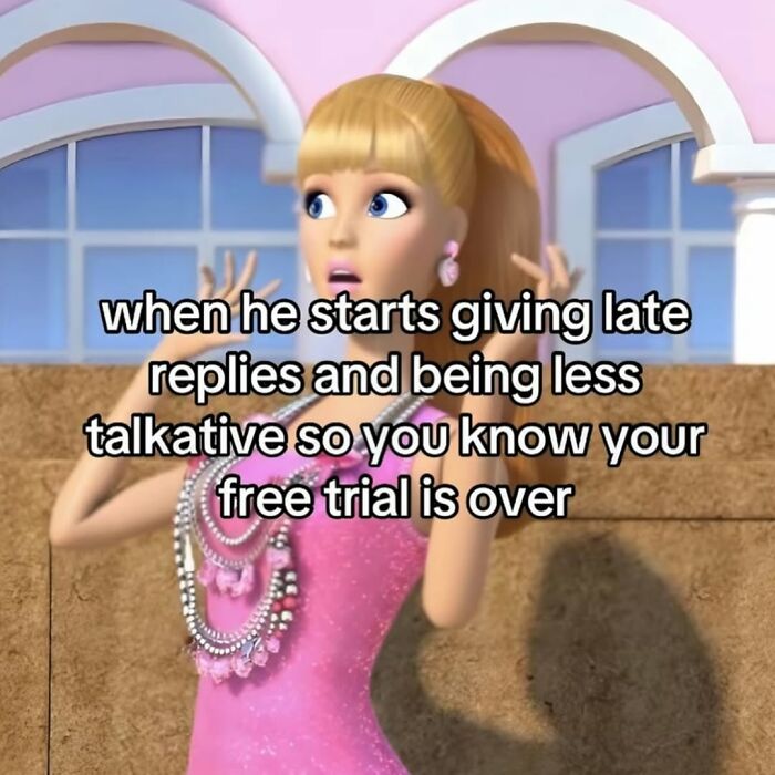 Animated woman in pink dress looking shocked with meme text about late replies, capturing relatable chaos of navigating the world as a woman.