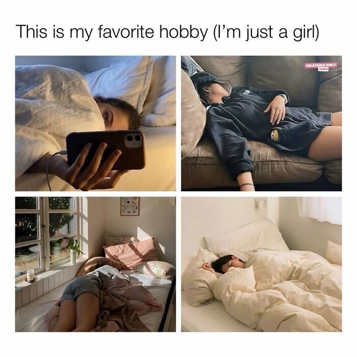 Four photos of a woman resting and lying down in various cozy settings, illustrating relatable memes about navigating the world as a woman.