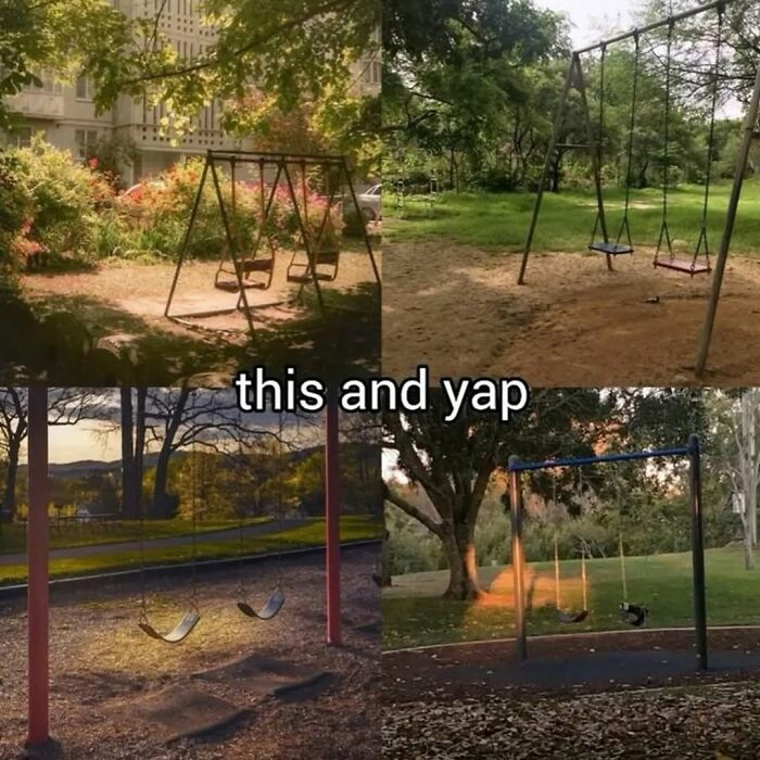 Empty swings in various parks symbolizing relatable memes capturing the chaos of navigating the world as a woman today.