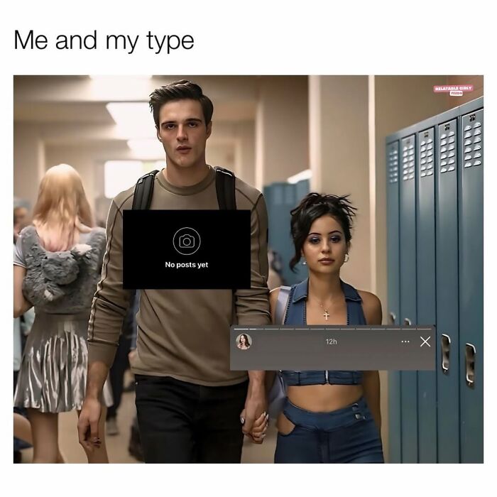 Two young people holding hands in a school hallway with relatable memes about navigating the world as a woman today.