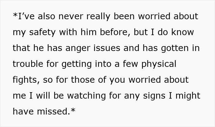 Text excerpt about a woman acknowledging her boyfriend's anger issues and concerns about her safety amid stalking fears. Text excerpt about a woman acknowledging her boyfriend's anger issues and concerns about her safety amid stalking fears.