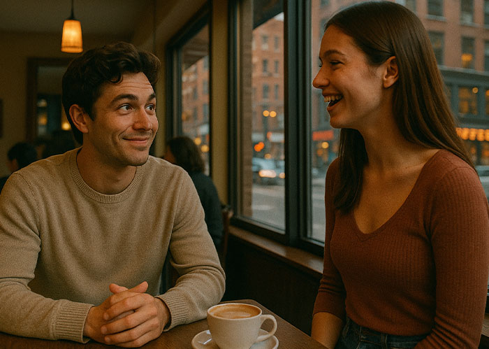 Couple sitting in café, woman smiling and talking, depicting woman learning boyfriend stalked her before they met. Couple sitting in café, woman smiling and talking, depicting woman learning boyfriend stalked her before they met.