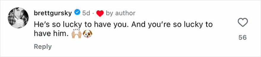 Comment on social media post expressing gratitude for a rescue dog reuniting with its owner, featuring heart and dog emojis.