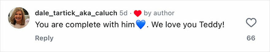 Comment expressing love for a rescue dog named Teddy, highlighting emotional reunion moments with its owner.