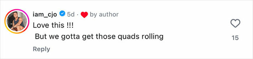 Comment on Instagram from user iam_cjo expressing love for the post and encouraging to work on quads.