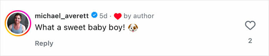 Comment praising a rescue dog as a sweet baby boy with a dog emoji, expressing affection and warmth.