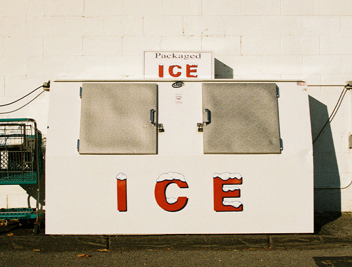Ice vending machine outside a chain restaurant, highlighting items employees warn people never to order.
