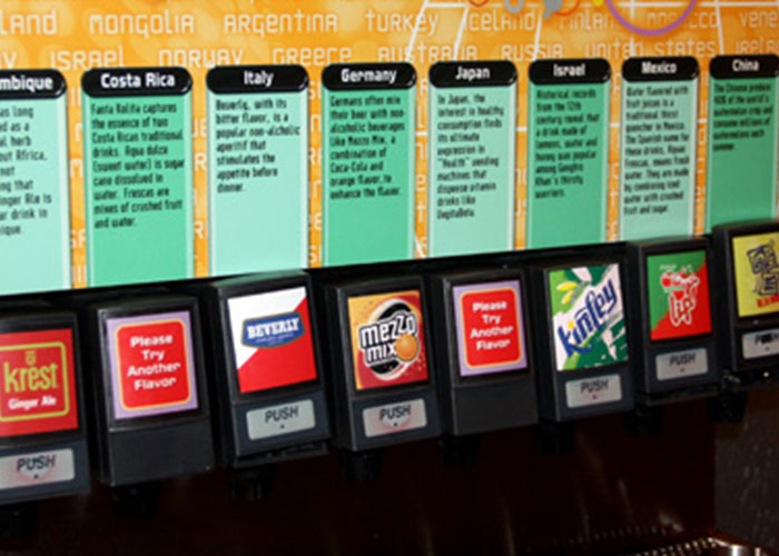 Soda fountain with international beverage options illustrating chain restaurant employees warning what not to order.