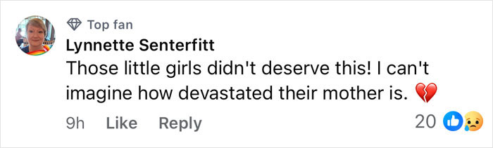 Facebook comment by a top fan expressing heartbreak over the tragic cause of passing for 3 sisters after planned visitation with dad.