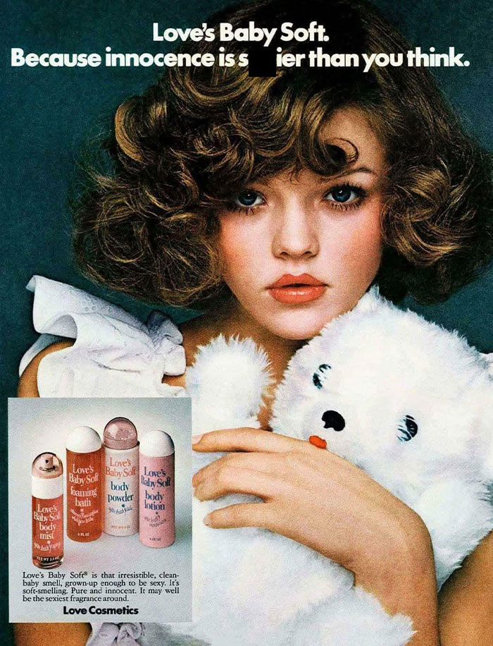 Vintage Love’s Baby Soft ad featuring a young woman with curly hair holding a teddy bear, a ridiculous pic from the past.