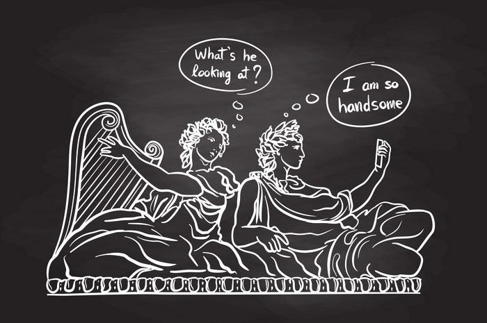 Roman comic painting style with two figures lounging, one taking a selfie, revealing the hilarious side of the empire.