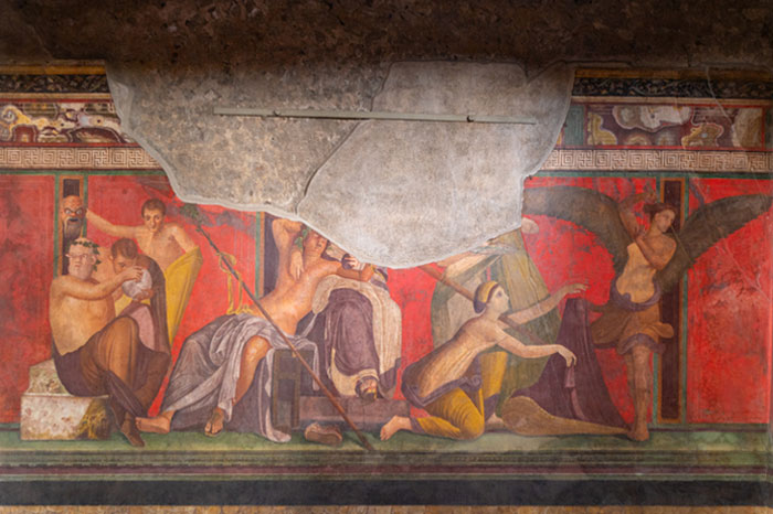 Roman comic paintings on a red background depicting humorous scenes from the Roman Empire in an ancient fresco.