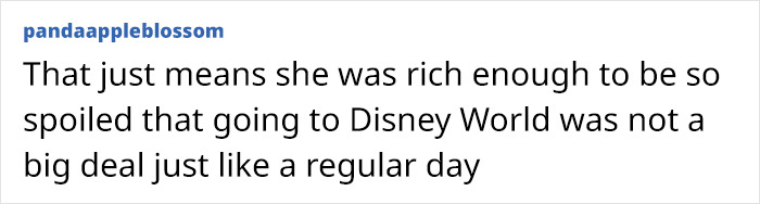 Text comment about spoiling from wealth, related to Disney World, reflecting perspective on Bryce Dallas Howard's childhood challenges.