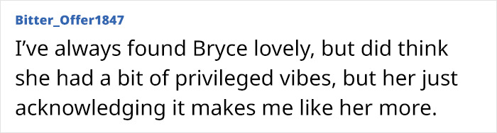 Text comment discussing Bryce Dallas Howard&rsquo;s privileged vibes and her acknowledgment of it, related to Ron Howard&rsquo;s nepo baby.