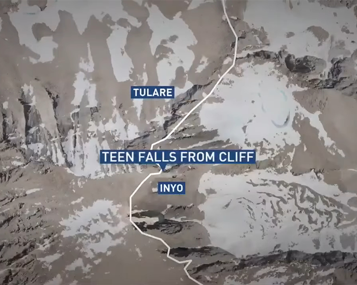 Aerial map showing location where teen fell from cliff near Tulare and Inyo counties in California.