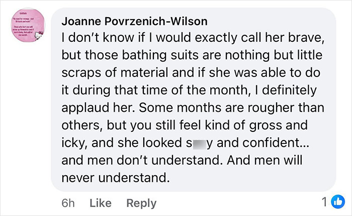 Comment discussing an Olympic star being mocked by women for bragging about walking a runway on her period, highlighting mixed reactions. Comment discussing an Olympic star being mocked by women for bragging about walking a runway on her period, highlighting mixed reactions.