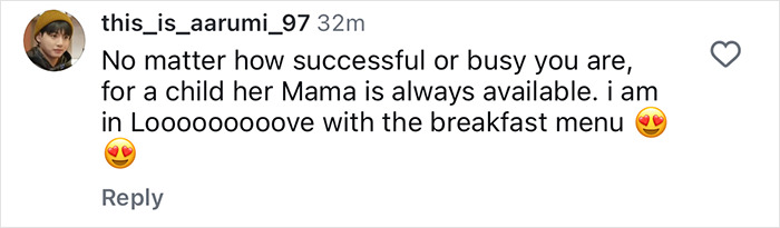 Instagram comment praising Gigi Hadid’s dedication to daughter Khai’s breakfast menu despite her busy schedule. Instagram comment praising Gigi Hadid’s dedication to daughter Khai’s breakfast menu despite her busy schedule.