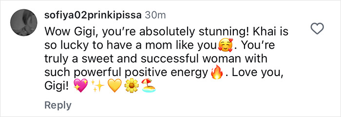 Comment praising Gigi Hadid for sharing her daughter Khai’s breakfast menu, highlighting positive energy and success. Comment praising Gigi Hadid for sharing her daughter Khai’s breakfast menu, highlighting positive energy and success.