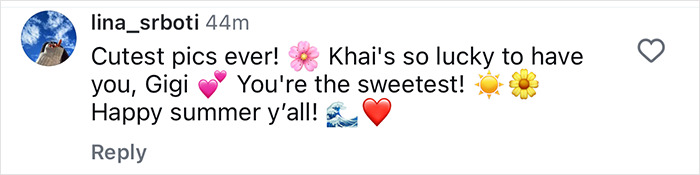 Instagram comment praising Gigi Hadid and mentioning her daughter Khai’s breakfast menu with summer emojis. Instagram comment praising Gigi Hadid and mentioning her daughter Khai’s breakfast menu with summer emojis.