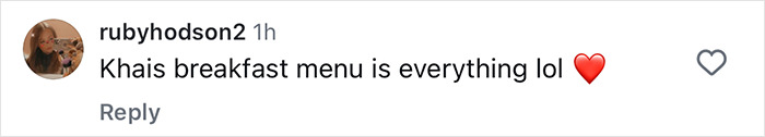 Instagram comment screenshot showing user rubyhodson2 reacting positively to Khai's breakfast menu with a heart emoji. Instagram comment screenshot showing user rubyhodson2 reacting positively to Khai's breakfast menu with a heart emoji.