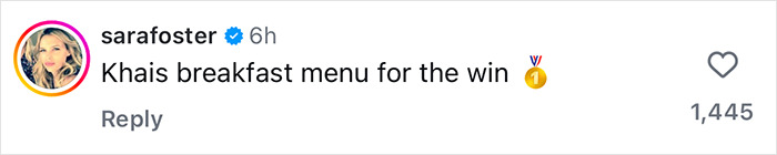 Comment on Instagram post by user sarafoster praising Khai’s breakfast menu, referencing Gigi Hadid’s shared content. Comment on Instagram post by user sarafoster praising Khai’s breakfast menu, referencing Gigi Hadid’s shared content.