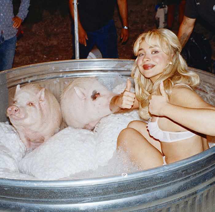 Sabrina Carpenter in a foam-filled tub with pigs, her album cover receiving criticism for extreme misogyny.