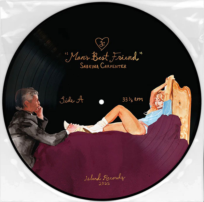 Vinyl record cover art depicting a woman reclining on a bed with a man sitting nearby, linked to Sabrina Carpenter album controversy.