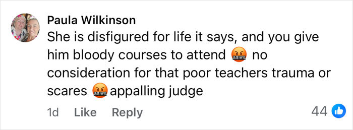 Screenshot of a social media comment criticizing the judge in a teen who brutally slammed teacher head-first into concrete case.