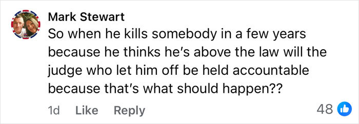 Facebook comment by Mark Stewart questioning accountability of judge who freed teen after slamming teacher head-first into concrete.