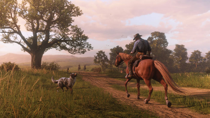 Developer reporting bugs in the game during exploratory testing restricted by lead in a scenic horseback rural setting. Developer reporting bugs in the game during exploratory testing restricted by lead in a scenic horseback rural setting.