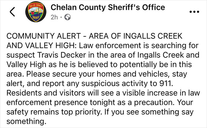 Chelan County Sheriff's Office alert about fugitive dad linked to blood not belonging to a human found at crime scene.